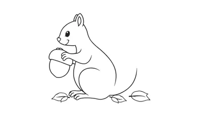 Een zwart-wit lijntekening van een lachende eekhoorn die een eikel vasthoudt met zijn pootjes, met blaadjes op de grond.