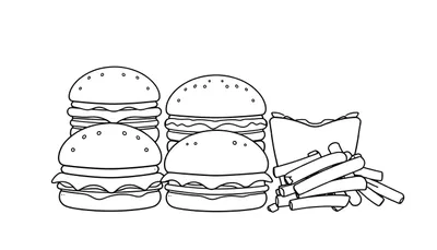 Kleurplaat van fastfood, met vier hamburgers en een bakje friet.
