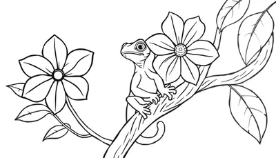 Zwart-wit lijntekening kleurplaat van een kleine gekko op een boomtak die omhoog kijkt naar een grote bloem. Nog een bloem aan de linkerkant, omringd door takken en bladeren op een witte achtergrond.