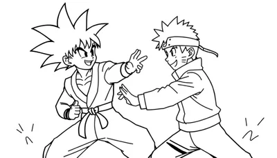Kleurplaat van jonge Goku en Naruto Uzumaki die speels tegenover elkaar staan, met hun kenmerkende gebaren.