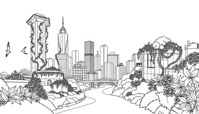 Kleurplaat van een moderne stad met veel groen, wolkenkrabbers, gebouwen begroeid met planten, een rivier met brug en vliegende vogels.