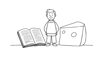 Kleurplaat van een lachende jongen, een opengeslagen boek en een punt kaas met gaten.
