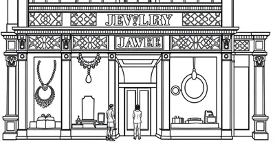 Kleurplaat van een gedetailleerde gevel van een juwelierszaak genaamd 'Jevllry' en 'Jawee', met sierlijke architectuur, etalages vol met sieraden en cadeaus, en twee figuren bij de ingang.