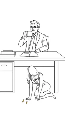 Zwart-wit lijntekening van een kantoor: man met bril en pak aan bureau drinkt uit mok, vrouw met lang haar in jurk knielt onder bureau bij drie gouden lege hulzen.
