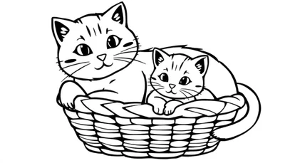 Zwart-witte kleurplaat van een grote moederkat die een klein kitten beschermt in een gevlochten mand.