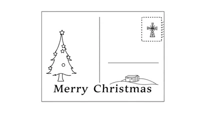 Zwart-wit lijntekening van een verticale kerstansichtkaart met aan de linkerkant een kerstboom, kerstbal, sterren en de tekst 'Merry Christmas', en aan de rechterkant een postzegelvak met een windmolen, een adreslijn en een huisje op een heuvel.
