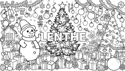 Kleurplaat met een vrolijke sneeuwpop, een grote versierde kerstboom met de naam 'LENTHE' ervoor, een kleinere kerstboom, veel cadeautjes en kerstdecoraties zoals ballen en sneeuwvlokken.