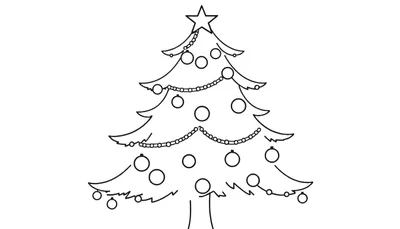 Zwart-wit lijntekening van een eenvoudige kerstboom met een ster bovenop, slingers en ronde kerstballen.