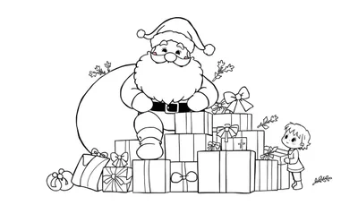 Kleurplaat van de Kerstman zittend op cadeaus met een kindje ernaast, omringd door kerstversiering.