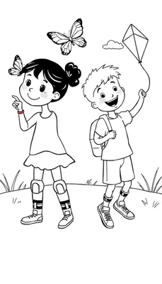 Zwart-wit tekening van een meisje met knotjes die naar een vlinder wijst en een jongen met stekelig haar die een vlieger vasthoudt, terwijl ze buiten op een grasveld spelen met een vlieger en vlinders in de lucht.