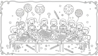 Zwart-wit kleurplaat van tien blije kinderen die aan een tafel zitten te leren rekenen, omringd door ballonnen en sterren.