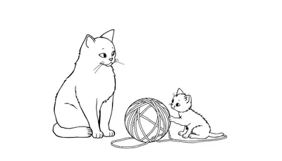 Zwart-wit lijntekening van een speels kitten dat met een bol wol speelt, terwijl een volwassen kat ernaast zit en toekijkt.