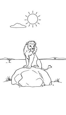 Kleurplaat van een leeuw met manen op een rots in een savannelandschap met zon en een wolk.
