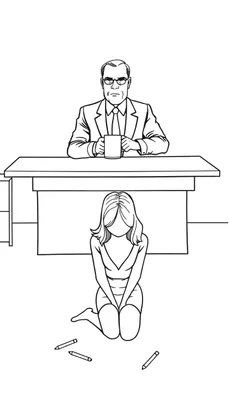 Kleurplaat van een strenge man achter een bureau die naar een knielende vrouw kijkt. De vrouw heeft een blanco gezicht.