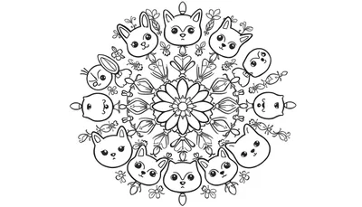 Zwart-wit mandala kleurplaat met een centrale bloem, sierlijke krullen, bladachtige vormen en acht dierengezichtjes (konijntjes, vogeltjes, poesjes/vosjes), omringd door kleine bloemetjes en insectjes.