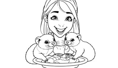 Zwart-wit tekening van een blij meisje met lang haar, zittend met twee kleine, harige diertjes. Voor hen staat een grote schaal met sushi, gebakjes en sausjes.