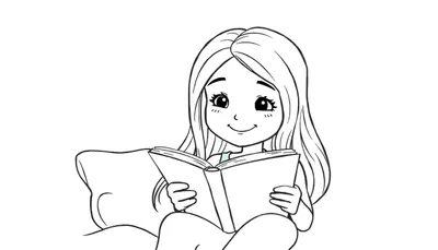 Zwart-wit lijntekening van een gelukkig jong meisje met lang haar dat in een open boek leest, zittend met een kussen. Een beetje lichtblauw is zichtbaar op haar shirt.