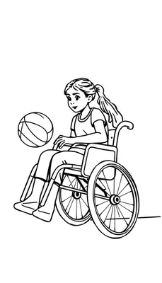 Zwart-wit lijntekening van een meisje met paardenstaart, zittend in een rolstoel, met een basketbal in haar handen. Ze kijkt geconcentreerd naar de bal.