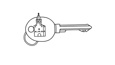 Kleurplaat van een moderne sleutel met een gedetailleerde tekening van een toren of kasteel in de ronde kop, met inkepingen aan het sleutelblad.