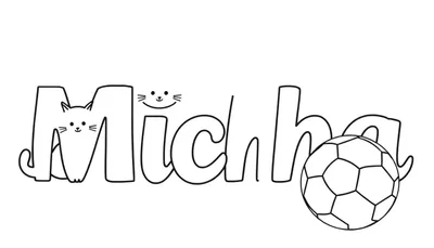 Zwart-wit lijntekening kleurplaat van de naam Micha met een katje in de M, een kattengezichtje boven de i en een voetbal bij ha.