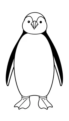 Zwart-wit lijntekening van een pinguïn die rechtop staat, met een witte buik en gezicht, en zwarte rug en vleugels, klaar om ingekleurd te worden.