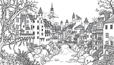 Gedetailleerde lijntekening van een pittoreske Europese stad aan een rivier, met veel gebouwen, bruggen, bomen, planten en vogels, ontworpen als kleurplaat.