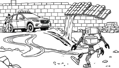 Zwart-wit kleurplaat van een politie-SUV, agent die naar de grond kijkt, een muur met een waterval erboven, en een lopende robot met grijpers. De grond is bedekt met stenen en puin.