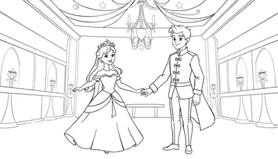 Zwart-wit tekening van een lachende prinses met kroon en een prins met cape, hand in hand in een grote balzaal met kroonluchter en versieringen.