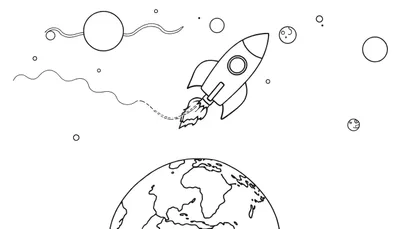 Zwart-wit kleurplaat van een raket die de ruimte in schiet vanaf de aarde, met sterren en planeten.