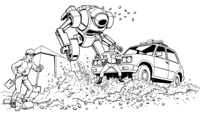 Zwart-wit tekening van een grote, tweebenige robot die landt, met stof, puin en twee mannen (een bouwvakker en een agent) en een auto op de voorgrond. Sci-fi actie scène.