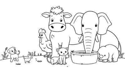 Kleurplaat met een groep schattige, eenvoudig getekende dieren, waaronder een olifant, babyolifant, koe, hondje, kat, kip en muis, staand op een glooiend grasveld.