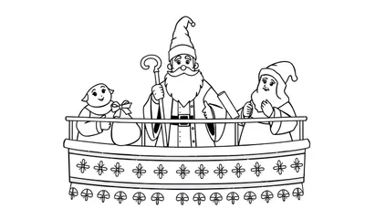 Zwart-wit kleurplaat van Sinterklaas met een lange baard en mijter, staand op een versierd balkon met twee Pieten. Eén Piet heeft een zak met cadeautjes.