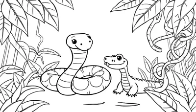 Zwart-wit kleurplaat van een vriendelijke opgerolde slang en een schattige kleine krokodil omringd door grote junglebladeren.