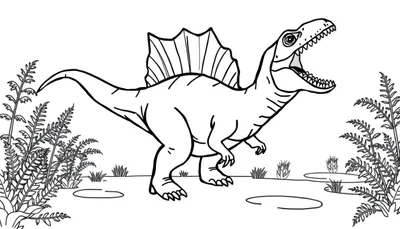 Zwart-wit kleurplaat van een Spinosaurus dinosaurus met opengesperde bek en grote rugvin, staand in een prehistorisch landschap met varenplanten en gras.