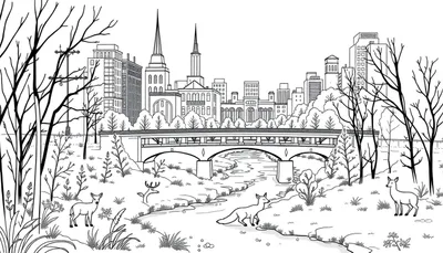 Gedetailleerde zwart-wit lijntekening kleurplaat van een stadsskyline op de achtergrond, een brug met bogen over een rivier in het midden, en een natuurlandschap met kale bomen, gras, planten, bloemen, herten, een reebok en een vos op de voorgrond.