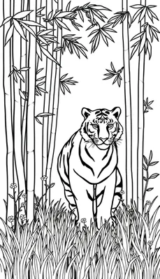 Lijntekening van een tijger die in een bamboebos zit, met bamboestengels, bladeren en bloemen op de voorgrond.