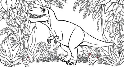 Zwart-wit kleurplaat van een grote Tyrannosaurus Rex met opengesperde bek in een jungle, geflankeerd door twee kleine kippen.