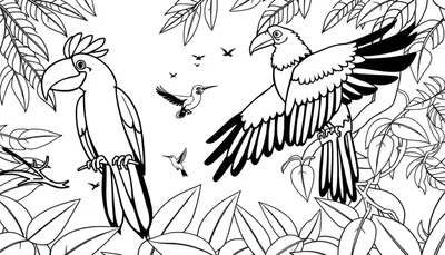 Kleurplaat van een jungle met twee grote papegaai-achtige vogels, kolibries en tropische bladeren.