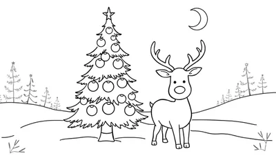 Zwart-wit kleurplaat van een kersttafereel met een grote versierde kerstboom, een rendier met gewei en ronde neus, besneeuwde heuvels en kleinere dennenbomen.