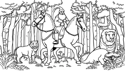 Kleurplaat van een man met lange baard en puntmuts, rijdend op een paard en een ander paard leidend, in een dicht bos met een luipaard, luiaard, leeuw en krokodil.