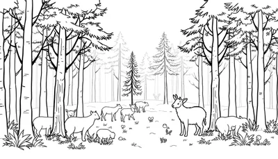 Zwart-wit kleurplaat van een boslandschap met veel bomen, een groep reeën/herten, een dier met geweien en een wild zwijn. De bosgrond is bedekt met planten, steentjes, hartjes en vlinders.