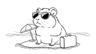 Kleurplaat van een hamster met zonnebril op een strandkleedje, met een parasolletje en koffer, en de zee op de achtergrond.