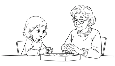 Zwart-wit lijntekening van een lachend jong meisje met krullend haar en een oudere vrouw met bril die samen aan een tafel zitten en een bordspel spelen. Kleurplaat voor kinderen.