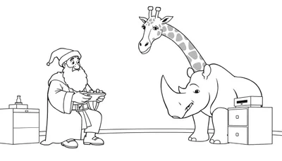 Zwart-wit tekening van een oude man met puntmuts die een kommetje met snacks vasthoudt, naast een giraffe en een vrolijke neushoorn.