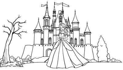 Kleurplaat van een prinses met lang haar en een baljurk, staand voor een imposant kasteel met torens en vlaggen, omringd door bomen en struiken.