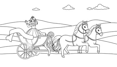 Zwart-wit tekening van een lachende prinses met kroon en jurk, zwaaiend vanuit een sierlijke koets met grote wielen en een lint. Twee paarden trekken de koets voort. Op de achtergrond zijn glooiende heuvels en wolken te zien.
