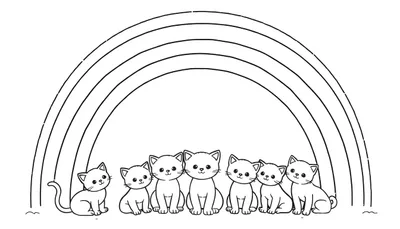 Zwart-wit tekening van een grote regenboog boven een rij van zeven schattige, lachende poesjes die zitten.