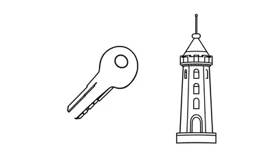 Kleurplaat met een lijntekening van een sleutel aan de linkerzijde en een toren met ramen en een spits aan de rechterzijde op een witte achtergrond.