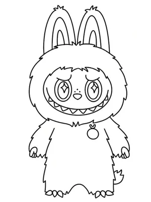 Zwart-wit lijntekening van het Labubu monster met konijnenoren, glinsterende ogen en een lachende mond, klaar om ingekleurd te worden.