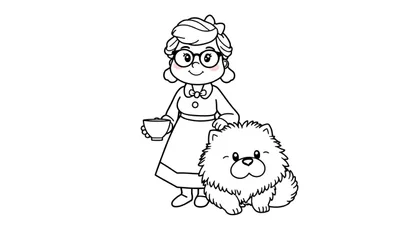 Kleurplaat van een lachende vrouw met bril en strik in haar haar, die een kopje vasthoudt en haar hand op haar zittende, knipogende pluizige hond legt.